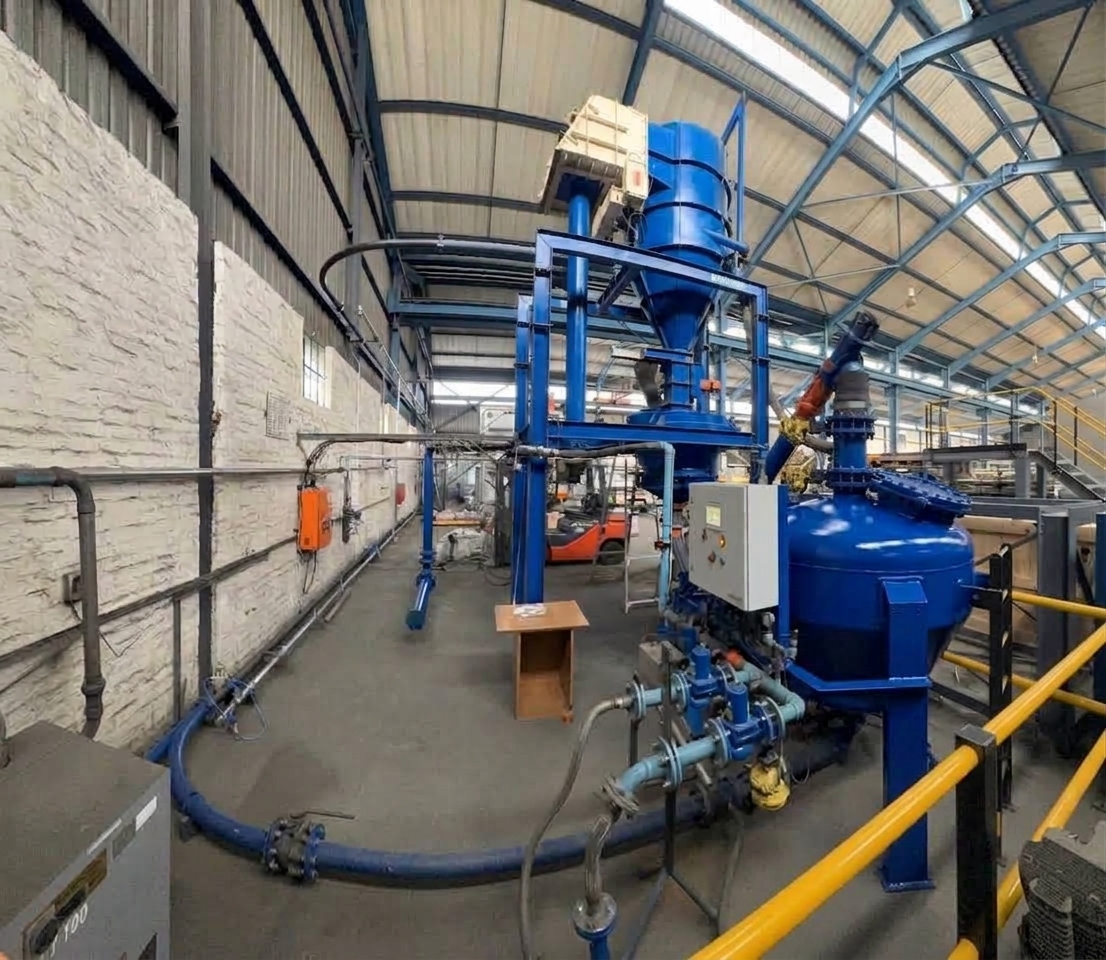 Techmatic full-scale dense phase pneumatic conveying test rig with conveying vessel and pipeline